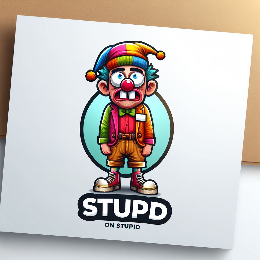 a cartoon character with a funny outfit for a logo for a new website titled Stuck on Stupid